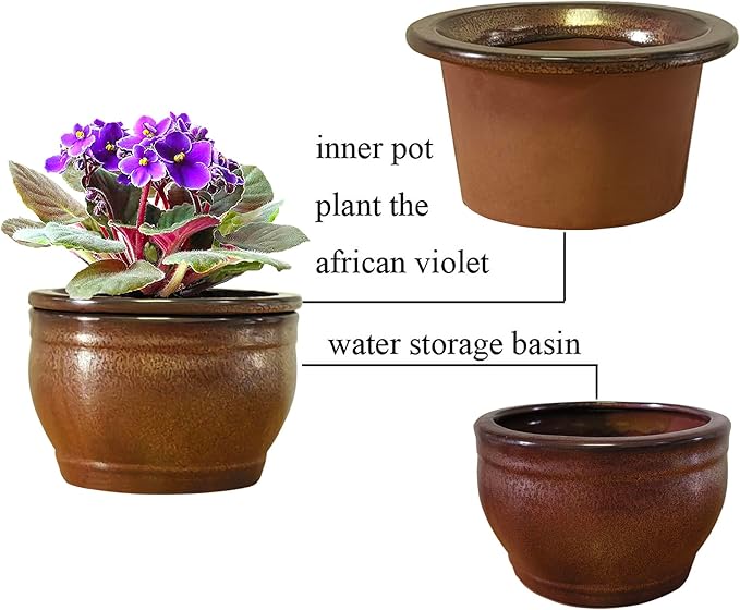 African Violet Pots Self Watering Round Ceramic Violet Pot (Copper, 6 inch)