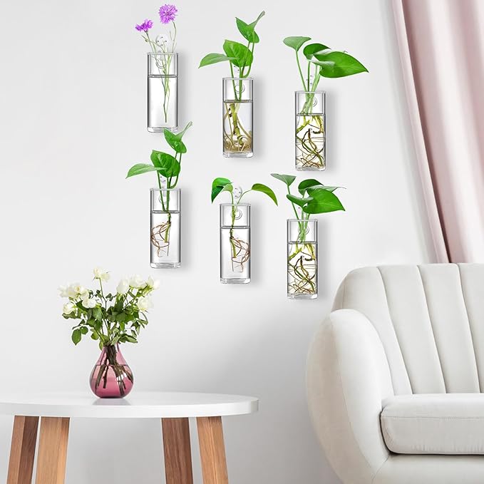 Fasmov 6 Pack Wall Hanging Glass Planters, Terrarium Holders for Air Plants, Succulents, Flowers - Square, Clear Vase Containers for Plant Display and Decoration
