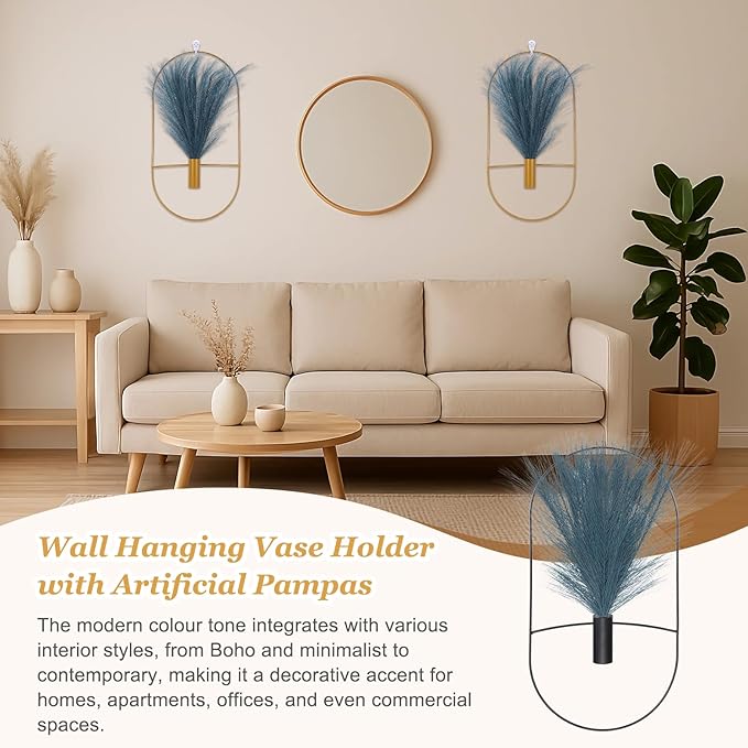uxcell 4 Pcs Wall Decor Metal Black Wall Art Hanging Planters with Artificial Pampas, Wall-Mounted Decor Metal for Display Artwork Plant Hanging Living Room Bedroom, Blue (Oval)