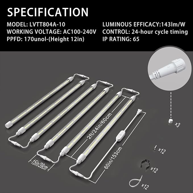 CusomkT8 T5 LED Grow Light Strips 2f 60W(6x10W, 500W Equvalen) Ful Spectrum, IP65 Waterproof Indoor Outdoor Plant Grow Lights for Greenhouse Shelves Wired Timing Switch, Plug Play 6-Pack
