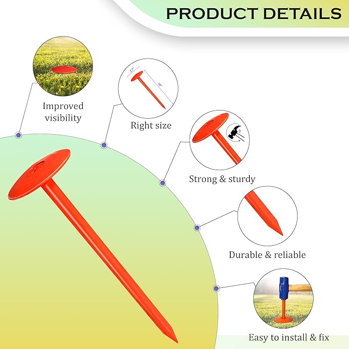 FEBTECH - Septic Tank Marker - 2.7" x 10" - Suitable Property line Markers for Protecting Your Septic Tank and Property Boundary with Solid and Sturdy Survey Stakes - Pack of 50 Pcs + 1 Hammer