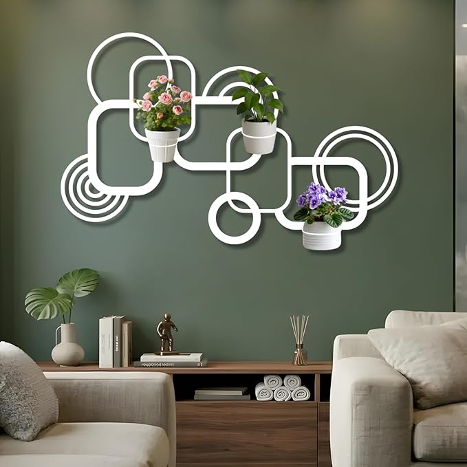 OZF Geometric Metal Wall Mounted Plant Holder, Metal Wall Plant Holder for Indoor, Geometric Line Hanging Planters for Living Room,Office (Gold, 35"x 22"| 90x56cm, 3 Pack 6" Flower Pot Holder Ring)