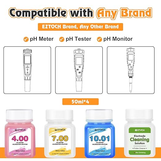 pH Meter Calibration Solution, pH Buffer 4,00 7,00 and 10,01 Calibration Kit with Electrode Cleaning Solution*1, Each 50ml (1.69fl oz) for Water, Swimming Pool, Soil, Food, Aquarium