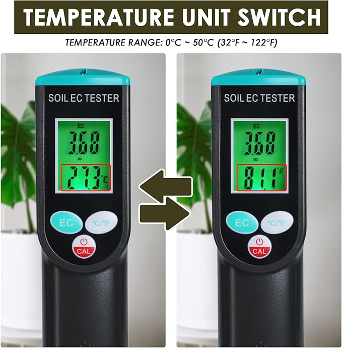 Soil EC & Temperature Meter, 2 in 1 Digital EC Meter with Automatic Temperature Compensation 0~50℃ Portable Soil EC Meter with Corded EC Sensor Electrode for Agricultural, Gardening, Plants