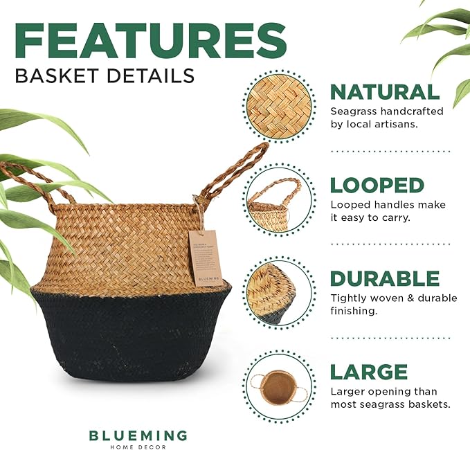 Plant Baskets – Seagrass Planters for Indoor Faux Olive Tree, Woven Wicker Rattan Pot for Boho Decor 9-10 Inch (Black Bottom, Twin Pack)