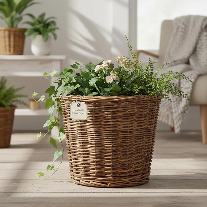 Wicker Planter Basket with Waterproof Liner - Handwoven Natural Brown Willow Plant Basket for Indoor Plants, Home Decor, and Garden Decor (6.7x5.5 Inch).