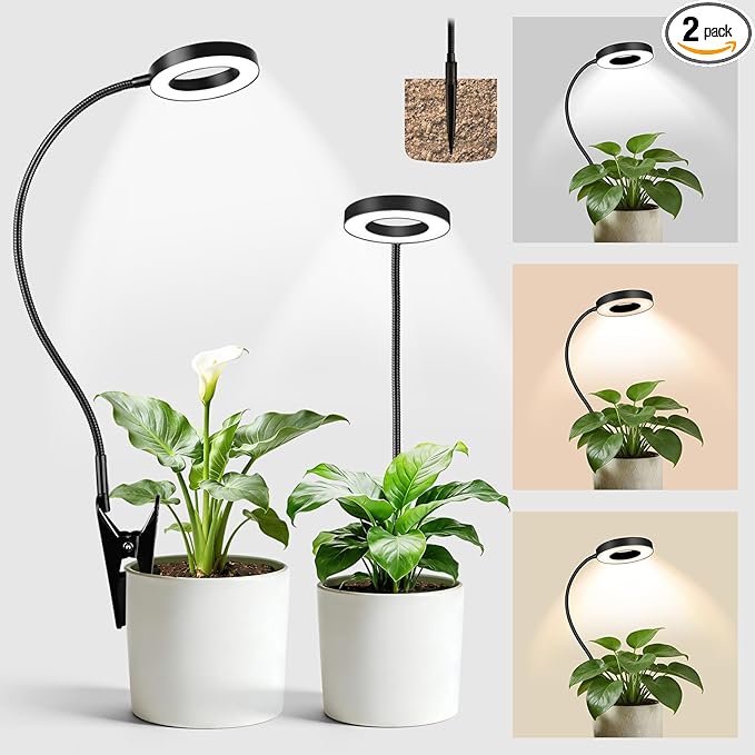 LORDEM Indoor Plant Grow Lights with 6/8/12/16H Auto Timer, 3 Spectrum Modes, Full Spectrum LED, Adjustable Height, for Small Plants, 2Pack Black