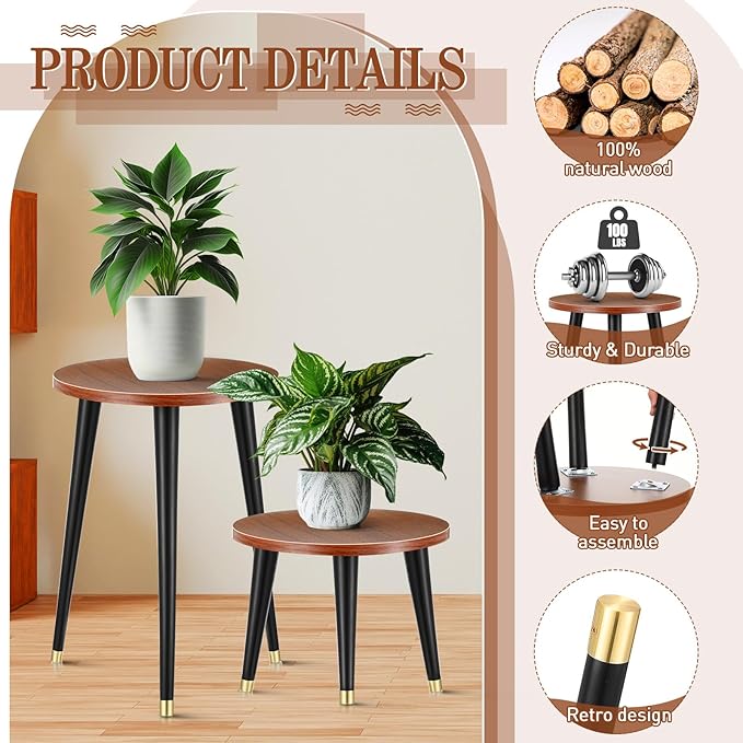 Briwooody 2 Pcs Indoor Plant Stand Mid Century Vintage Wood Modern Flower Pots Holder Round Side Table End Table Plant Stools for Living Room Corner Balcony Decor(Walnut Wood Color)