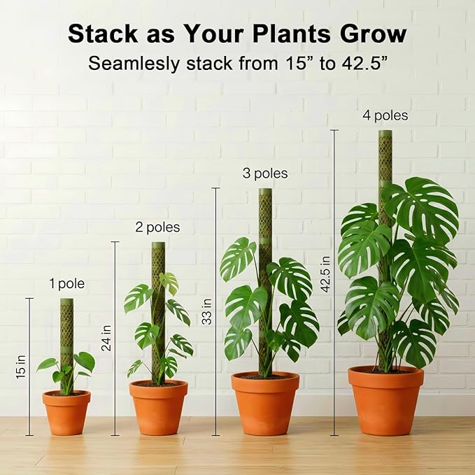 Moss Pole Monstera Plant Support - 42.5" Stackable D-Shape Stakes for Indoor Plants - No-Rot Plastic Sticks & Tall Trellis for Pothos Climbing Vines Houseplant