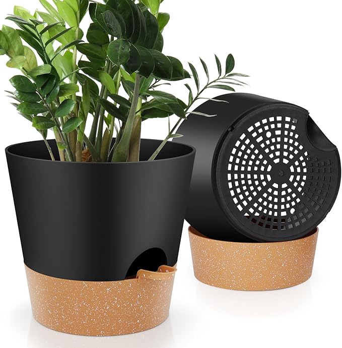 YNNICO 10-Inch Plant Pots, Self-Watering Planters with Drainage Holes & Saucers for Indoor and Outdoor Plants (2-Pack, Black)