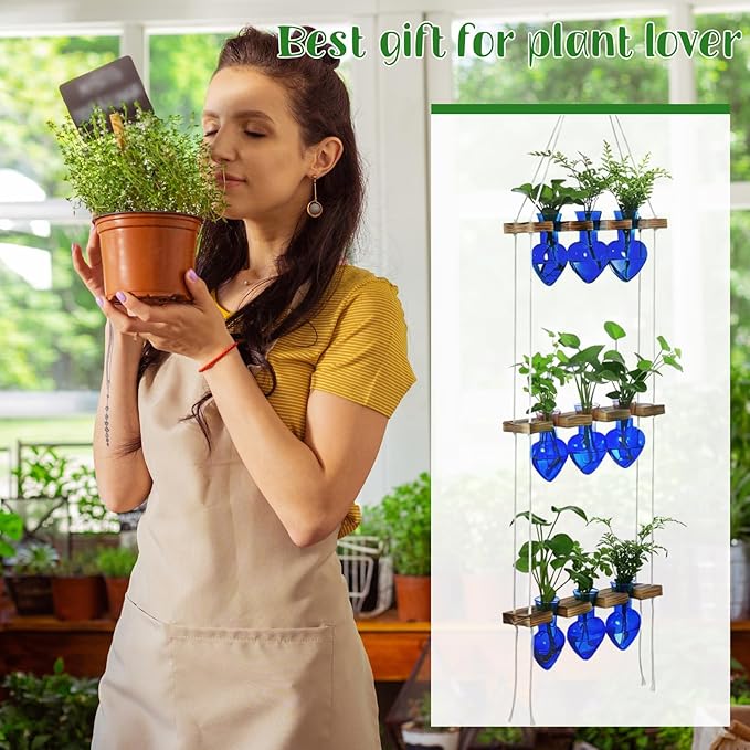 Leinuosen Wall Hanging Plant Propagation Stations Mother Gifts for Her Plant Lovers 3 Tiered 9 Heart Shaped Glass Vases Terrarium with Wooden Stand for Hydroponics Indoor Garden Home Decor(Blue)
