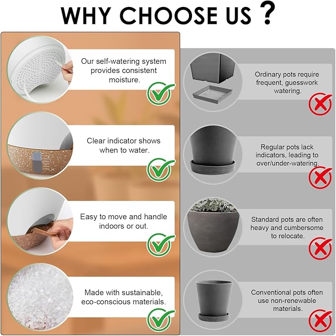 QRRICA Self-Watering Plant Pots with Water Level Indicator, Drainage Holes & Saucers – 12/10/9 Inch Large Plastic Planter Set for Indoor & Outdoor Plants (White)