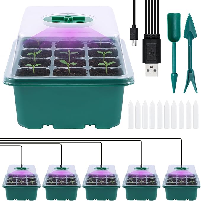 5 Pack Seed Starter Kit with Grow Lights & 3.9" Humidity Domes, 72 Cells Indoor Germination Trays, Full Spectrum Adjustable LED, Reusable Plant Starter System for Year-Round Gardening