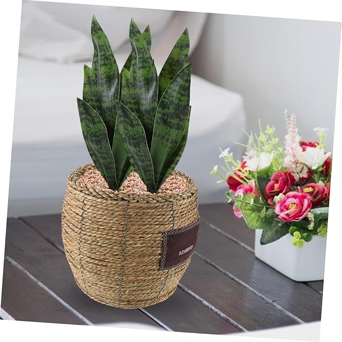 Woven Rattan Flower Basket Planter for Indoor Outdoor Plants, Medium Belly-Shaped Straw Storage Basket with Natural Seagrass, Decorative Plant Pot for Garden and Home Use