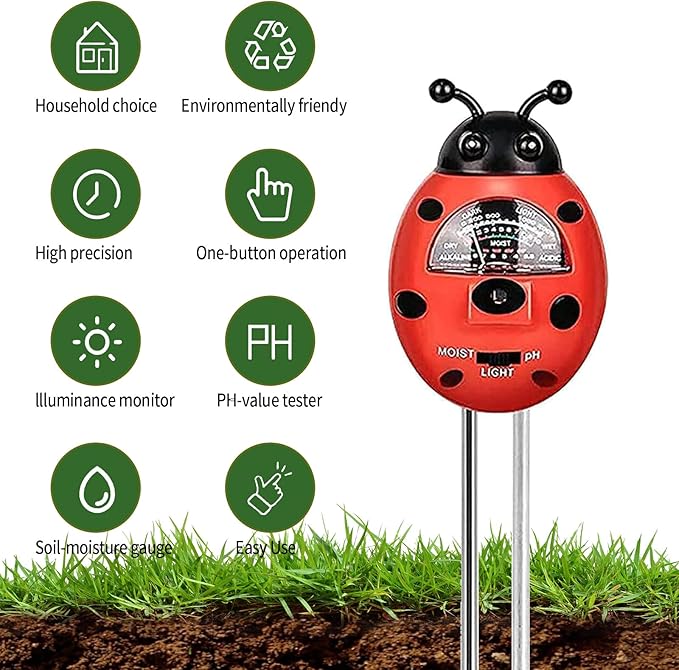 Ladybug Shape 3-in-1 Soil Moisture/pH/Light Meter, Soil Moisture Meter, Soil Test kit, Soil Tester with Moisture,Light,and pH Test for Indoor & Outdoor Use for House Plants, Garden, Lawn, Farm