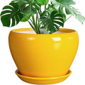 Ceramicfor Ceramic Planter - 10 Inch Plant Pot for Indoor Outdoor Plants Glaze Modern Round Planter with Drainage Hole and Saucer for Garden Office Home Room Patio Decor, Yellow