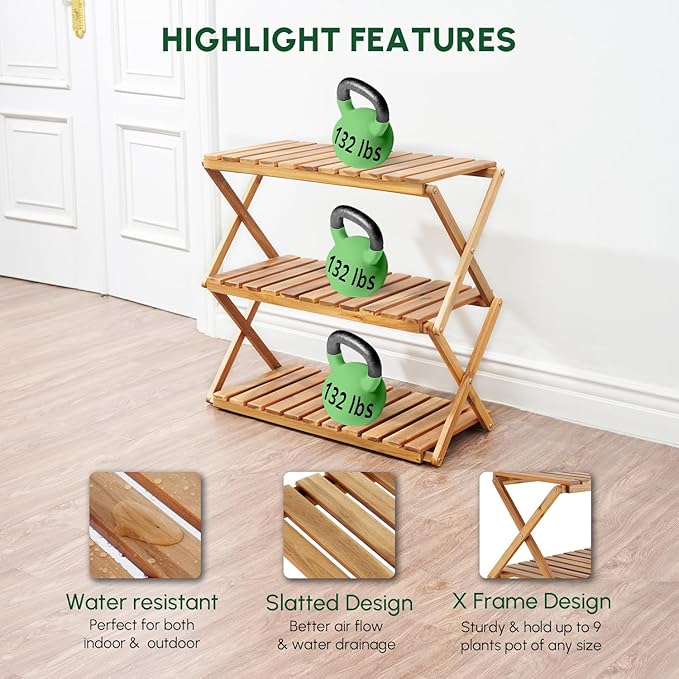 BEEFURNI Acacia Plant Stand Indoor, Wooden Outdoor Plant Stand, Foldable Plant Stand, 3 Tier Conner Space Flower Stand, Plant Ladder Stand (Natural)