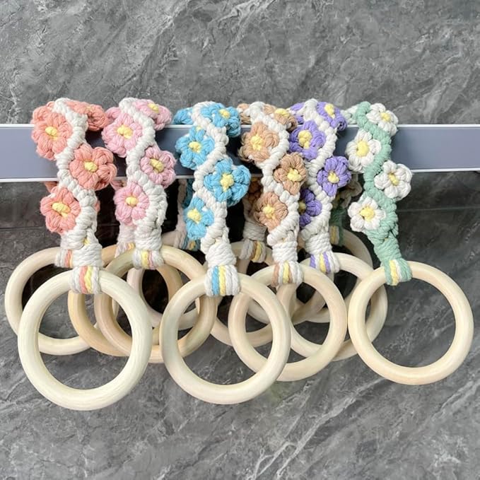 4 Pcs Daisy Flower Macrame Towel Holder Ring, Crochet Hanging Kitchen Dish Towel Holder, Handmade Kitchen Towel Hanger with Wood Hanging Loop for House Oven Stove Door