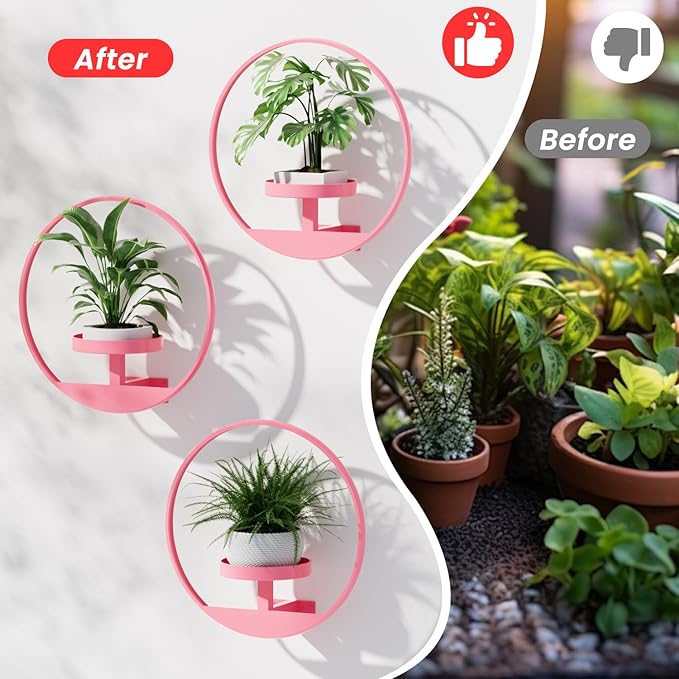 Metal Hanging Plant Stand Indoor, Art Frame Wall Decor Plant Shelf for Living Room, Entryway, Modern Flower Pot Holder for Home Aesthetic Decor, Garden Shears Included (Circle-Pink, 2pcs)