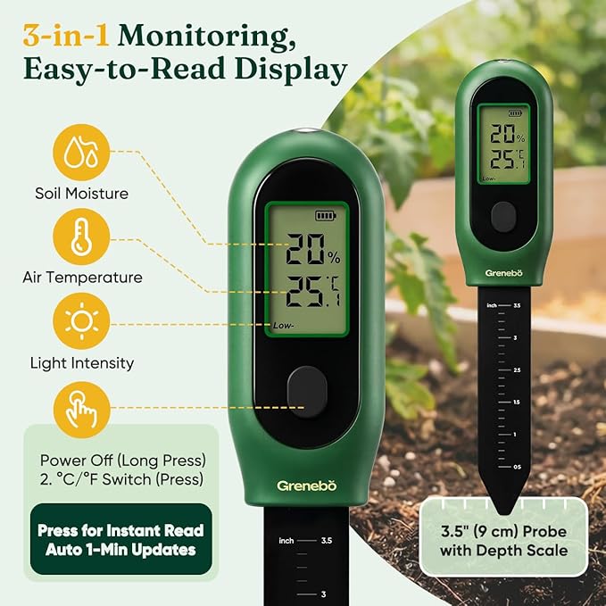 Grenebo 3-in-1 Soil Moisture Meter, Digital Plant Water Meter, Temperature & Sunlight Intensity Sensor, LCD Display Soil Tester for Gardening, Farming, Plant Care, Indoor & Outdoor Plants, 2 Pack