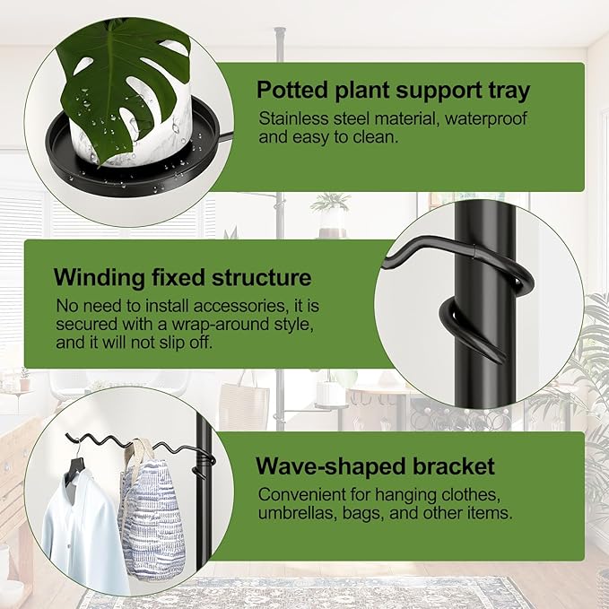 BAOYOUNI 5 Tier Indoor Plant Pole Stand Tension Rod Adjustable Flower Display Rack Spring Loaded Floral Hanger Storage Shelf with 4 Trays & 1 Wave Hook, Black (4 Trays & 1 Wave Hook, 5 Tier)
