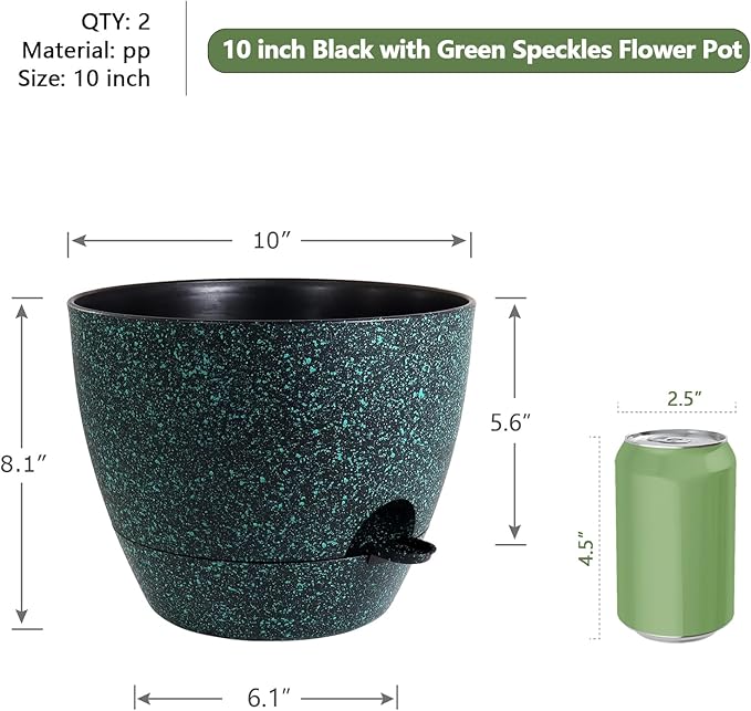 WSMKSZ 10 inch Self Watering Pots, Planter, Plant Pots with Mesh Drainage Holes for Indoor Outdoor House Plants and Garden, 2 Pack Plastic Flower Pots with Reservoir, Black with Green Speckles