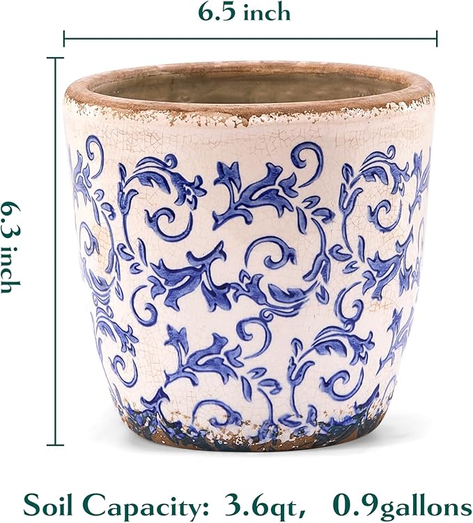 Teweiqi Vintage Ceramic Planter Without Drainage Hole, 6.5 Inch - Indoor/Outdoor Flower Pot for Orchids, Succulents, Blue Floral Rustic Farmhouse Plant Pot for Home, Office & Garden Décor, Ideal Gift