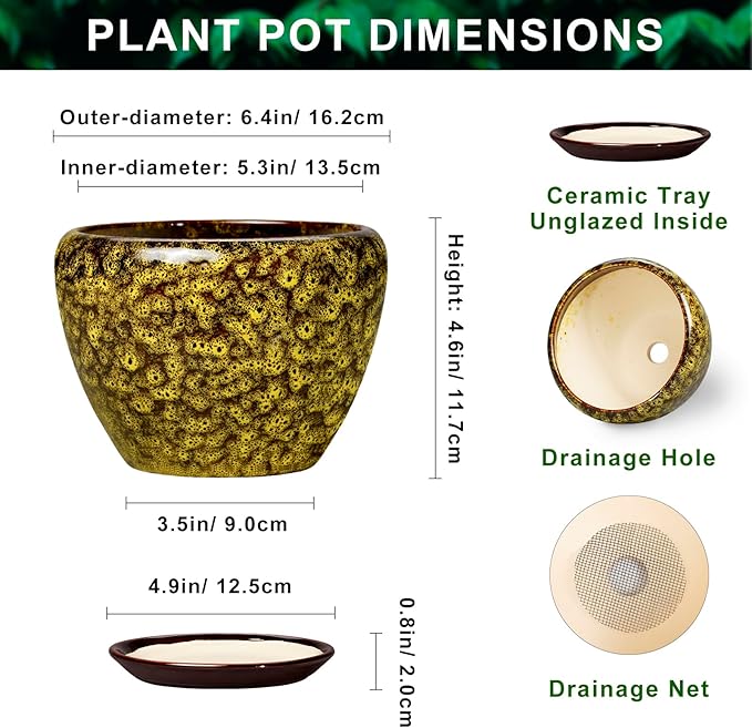 6 Inch Ceramic Plant Pots - Ceramic Pots for Plants Indoor Outdoor, Decorative Round Planter with Drainage Hole and Tray, Small Flower Pot, Bedroom Decor, Plant Lover Gifts, Yellow Leopard