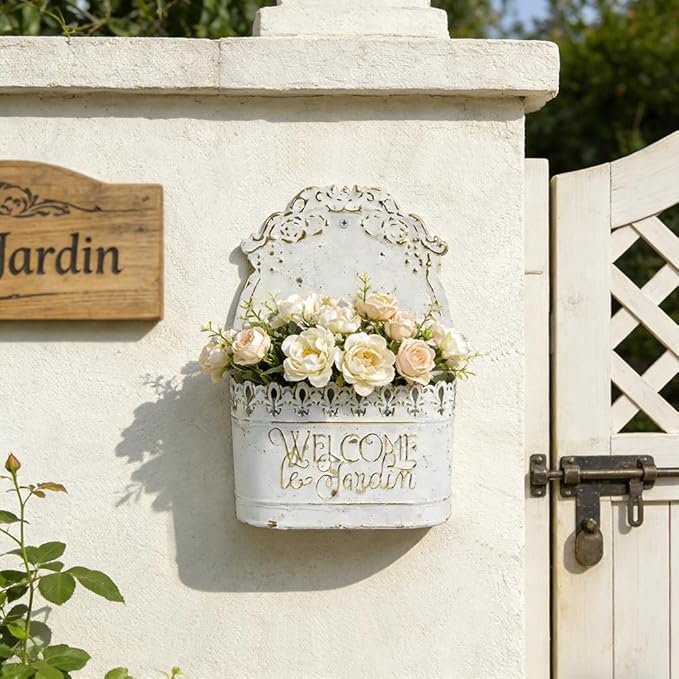 Metal Hanging Planters Wall Mount Planter Wall Vases for Flowers Shabby Chic Decor for Rustic Farmhouse Outdoor Decor White