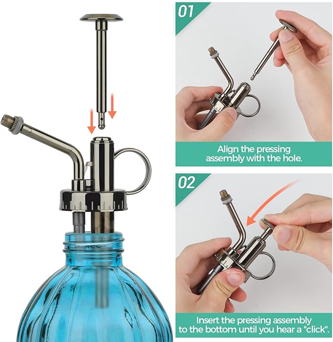 T4U Glass Plant Mister 200ML, Vintage Spray Bottle with Top Pump Fine Mist Flower Garden Sprayer Small Decorative Spritzer Watering Can Gift for Indoor Outdoor Succulent House Plant (Blue)