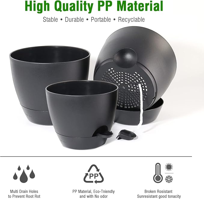 UOUZ Large Self Watering Pots, 12/10/9 Plastic Planters with High Drainage Holes and Deep Reservoir for Indoor Outdoor Garden Plants and Flowers, Black