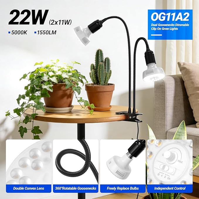 Barrina Orbgrow OG11A2 Clip On Grow Lights for Indoor Plants, Integrated Stepless Dimming & Timing, 5000K 22W(2 x 11W, 200 Watt Equiv), Full Spectrum 2-Gooseneck with E26 Plant Light Bulbs