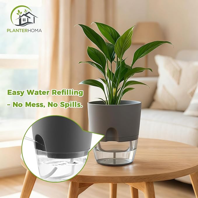Planterhoma 8 Pack Self Watering Pots for Indoor Plants, 4 Inch Plant Pot Plastic Self Watering Planter for Orchid, African Violet, Small Clear Flower Pots with Drainage Holes and Wicking Rope, Grey