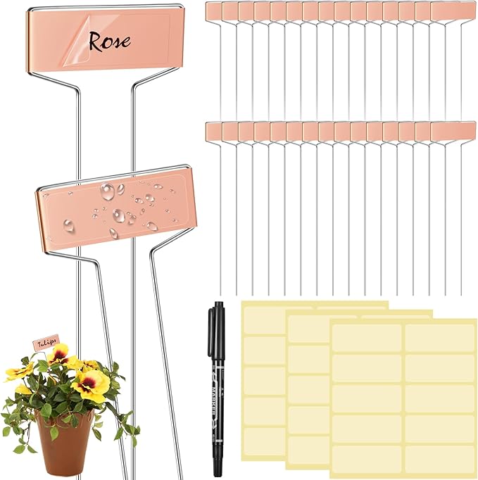 Moxweyeni 61 Pieces Metal Plant Tags Kit 30 Pieces Copper Metal Plant Labels 30 Rainproof Pet Films 1 Marker Pen Reusable Planting Garden Markers Nursery Tags (T Shape)