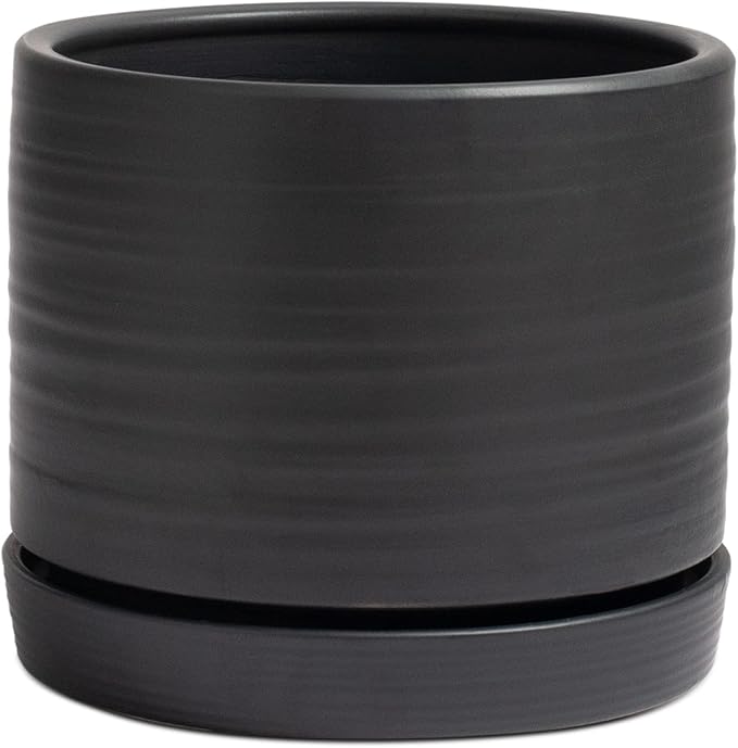 HERDUK 8 Inch Pots for Plants, Ceramic Planter Pot with Drainage Hole & Saucer, Indoor/Outdoor Cylinder Round Planter Pot, Matte Black