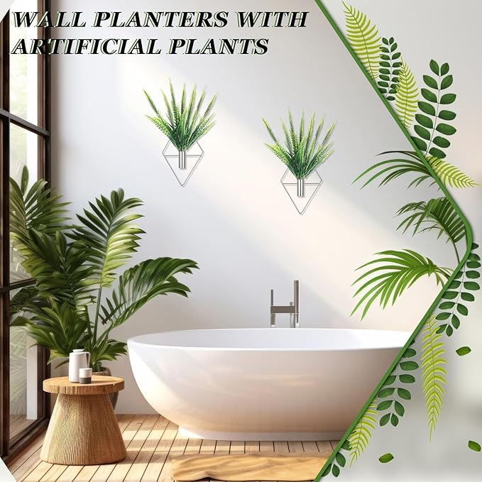 Canlierr 2 Pieces Wall Decor Hanging Planters with Artificial Plants Metal Hanging Vase Indoor Plants Holder Modern Boho Wall Art for Bathroom Bedroom Living Room Decor(Silver,Boston Fern)