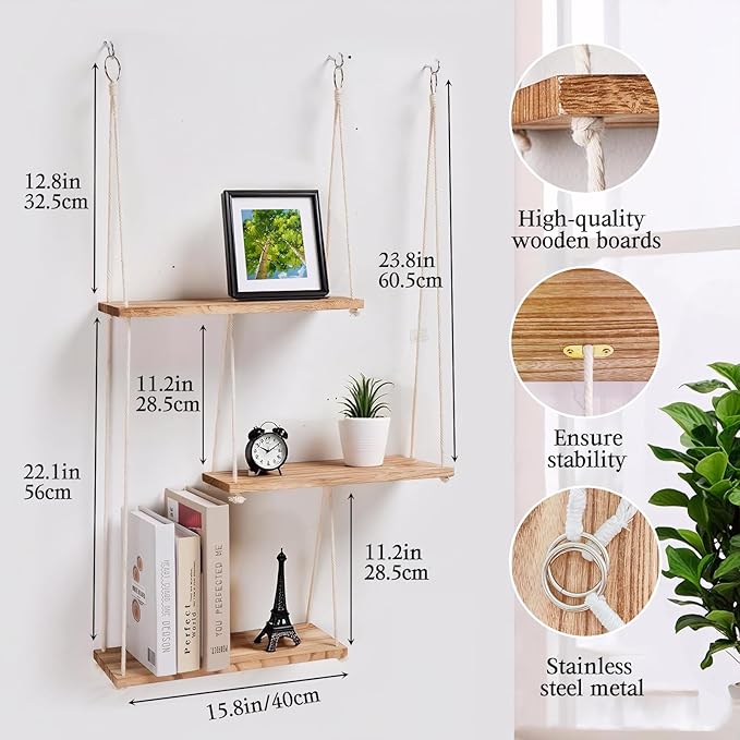3-Tier Boho Hanging Shelves for Wall - Rustic Floating Wood Shelves with Rope, Macrame Plant Shelf Organizer for Home Decor - Farmhouse, Bohemian Style for Bedroom