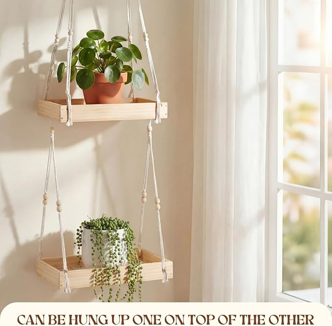 Novabright 2 Pcs Window Hanging Plant Shelf with Macrame Adjustable Rope, 16" Large Wooden Plant Hanger Indoor with Metal Frame, Load 50lb, Suit for Window Ceiling Wall Mount Boho Decor