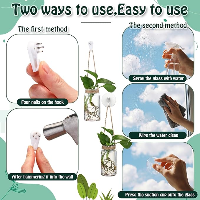 Baderke 9 Sets Window Hanging Propagation Stations 3.54'' Plastic Propagation Vases with Suction Cup & Traceless Nail, Propagated Plant Holder Wall Jars for Office Home Garden Decoration Lover Gift