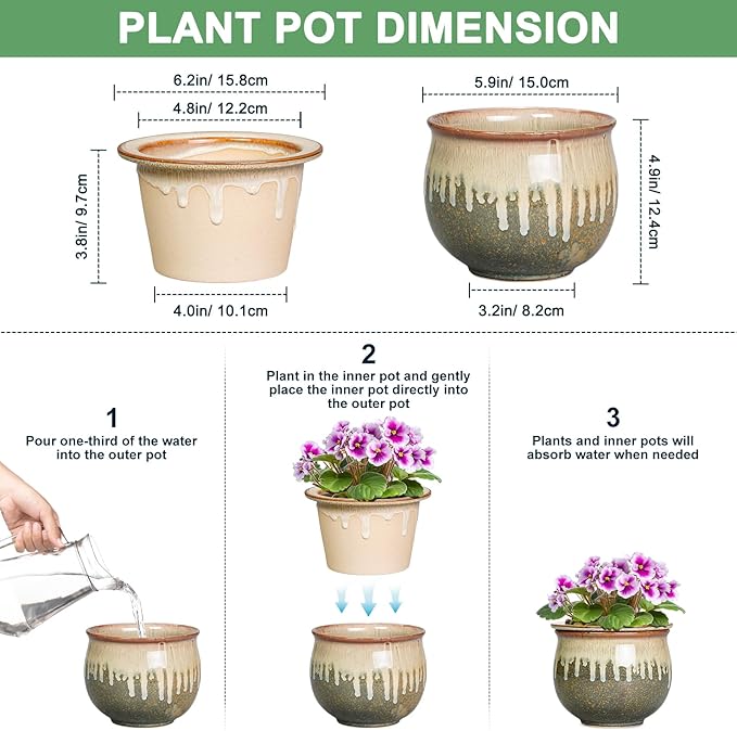 Ceramic Self Watering Pots, 6 Inch African Violet Pots with Absorbent Inner Pot, Round Self Watering Planter, Planters for Indoor Plants, House Decor, Plant Lover Gifts, Yellowish Brown-Beige