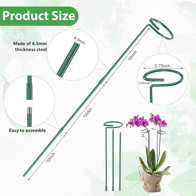 Unves 12 Pack Plant Support Stakes, 36 Inch Garden Single Stem Plant Stakes, Green Flower Garden Plant Cage for Outdoor & Indoor Plants, Sunflower, Hibiscus, Tomatoes with 100 Pcs Twist Ties