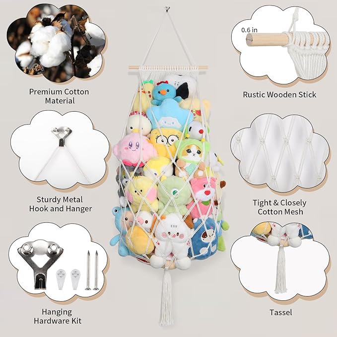 Stuffed Animal Storage Net Corner, 70 Inch Jumbo Macrame Stuffed Animal Hammock Plushie Net, Wall Ceiling Hanging Stuffy Storage Stuff Animal Organizer for Kid Boho Nursery Decor Gift (Cream)