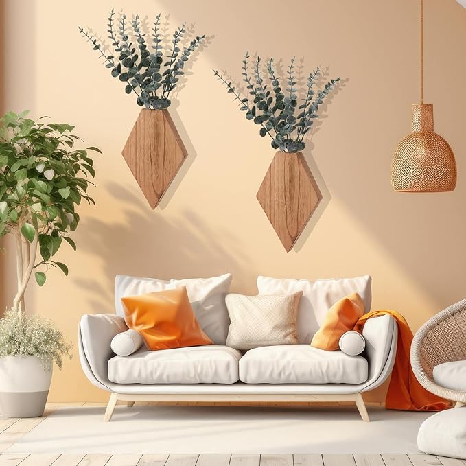 Chunful 2 Pcs Wooden Wall Planter Decor Hanging Fake Plants Greenery Flowers Holder Vase Boxes for Wall Bohemian Farmhouse Room Kitchen Office Indoor Decoration (Wooden Color,9.8 x 6.6 x 1.2 Inches)