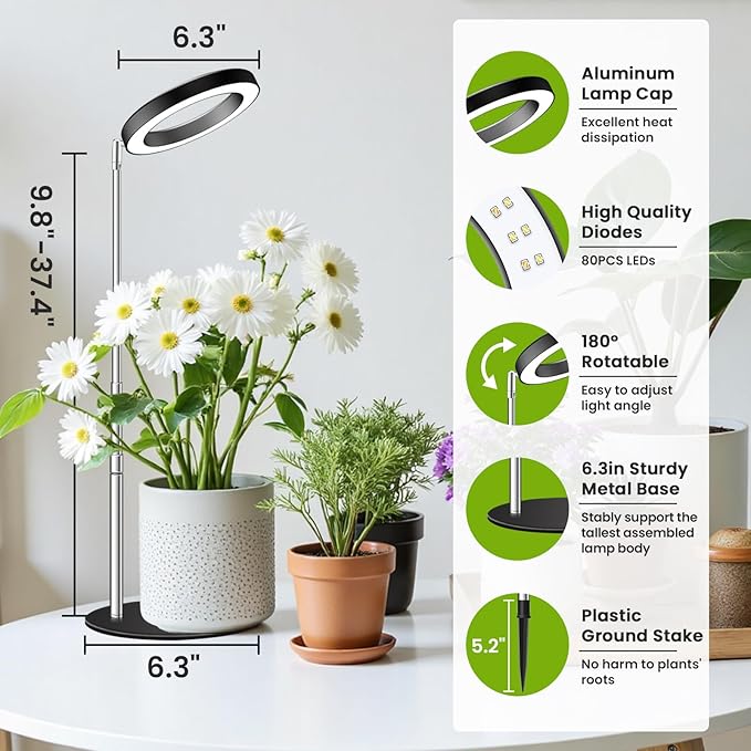 Kullsinss Grow Lights for Indoor Plants, 80 LEDs Full Spectrum Plant Grow Light with 2 Mounting Options, 6/12/16H Timer, 3 Spectrum Modes, 37 in Height Adjustable Desk Growing Lamp (Black/2-Pack)