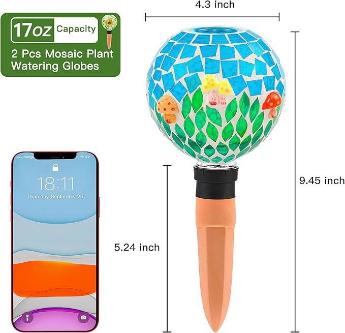 SAVENNA Mosaic Plant Watering Globes with Terracotta Spikes, 17oz Glass Self Watering Globes for Indoor & Outdoor Potted Plants, Decorative Water Drippers, Set of 2,Sunflower & Mushroom Pattern