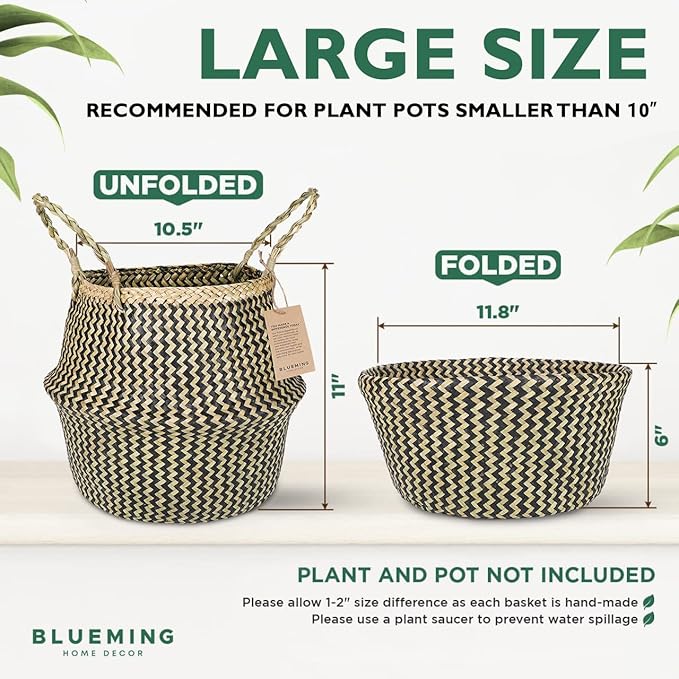 Plant Baskets – Large Seagrass Planter for Tall Indoor Faux Olive Tree, Woven Wicker Rattan Pot for Boho Decor 9-10 Inch (Black, Large & Medium)