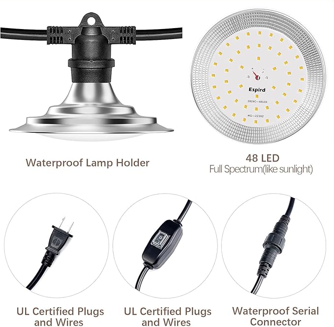 Espird Outdoor LED Grow Lights for Greenhouse 12-Light Waterproof String Grow Light, Full Spectrum LED Plant Grow Light Lamp, Waterproof Greenhouse Grow Lights for Seedling, Veg, Flower