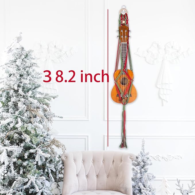 Macrame Ukulele Hanger Wall Mount for Christmas - Handwoven Holder for Soprano Ukulele, Boho Wall Decor, Natural Cotton Rope with Protective Padding