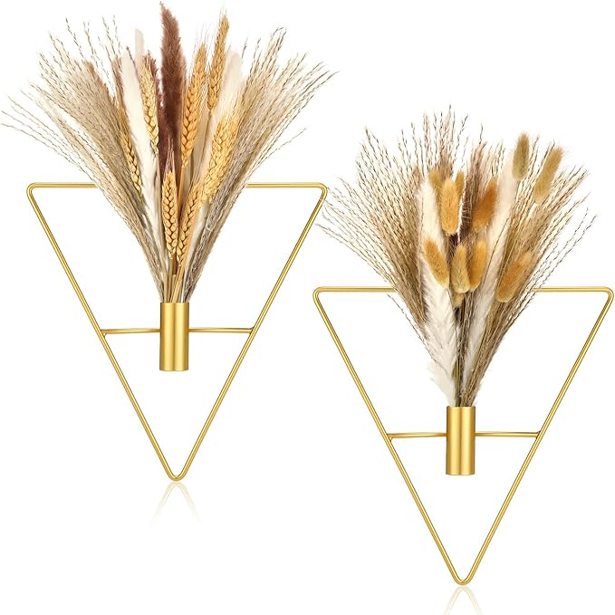 Peryiter 2 Pcs Gold Wall Decor Boho Pampas Hanging Planters with Artificial Pampas Wall Mounted Metal Modern Home Decor Display Art Bedroom Bathroom Living Room(Triangle)