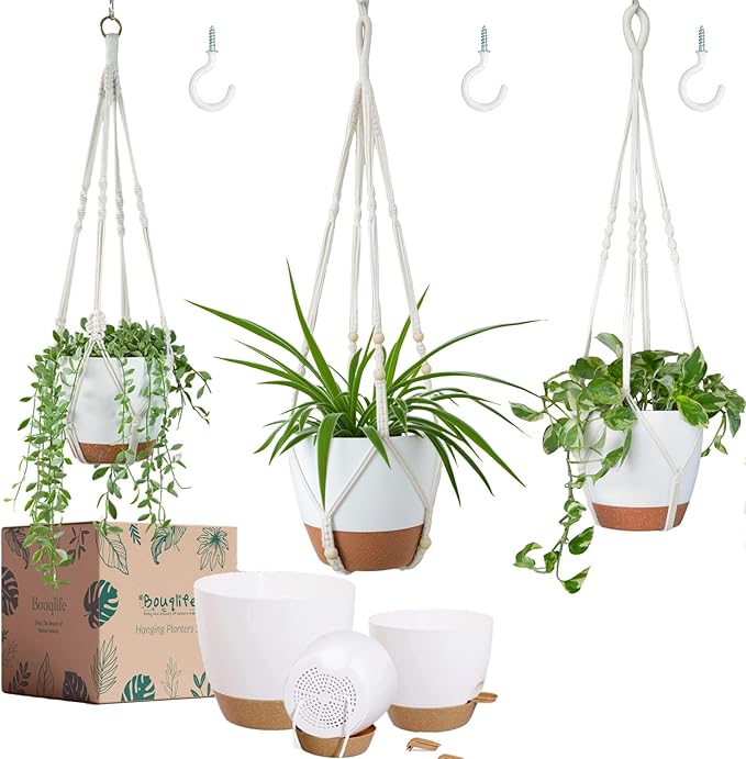 Bouqlife 3 Pack 10/8/7 Inch Hanging Planters for Indoor Plants with Self-Watering Hanging Pots with Drainage, 3 Different Size Macrame Plant Hangers with Hooks White Large